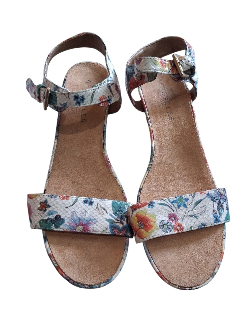 AEROSOLES White Floral Ankle-Strap Sandals